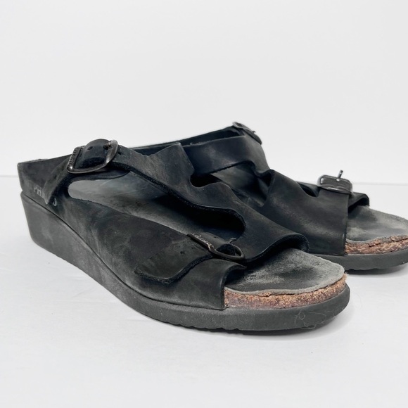 Mephisto Black Leather Wedge Slide On Sandals Size 40 9 Women’s - Picture 1 of 7